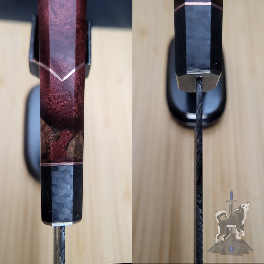 Detailed shots of a Damascus chef knife featuring the seated tang and the handle on a wooden cutting board.