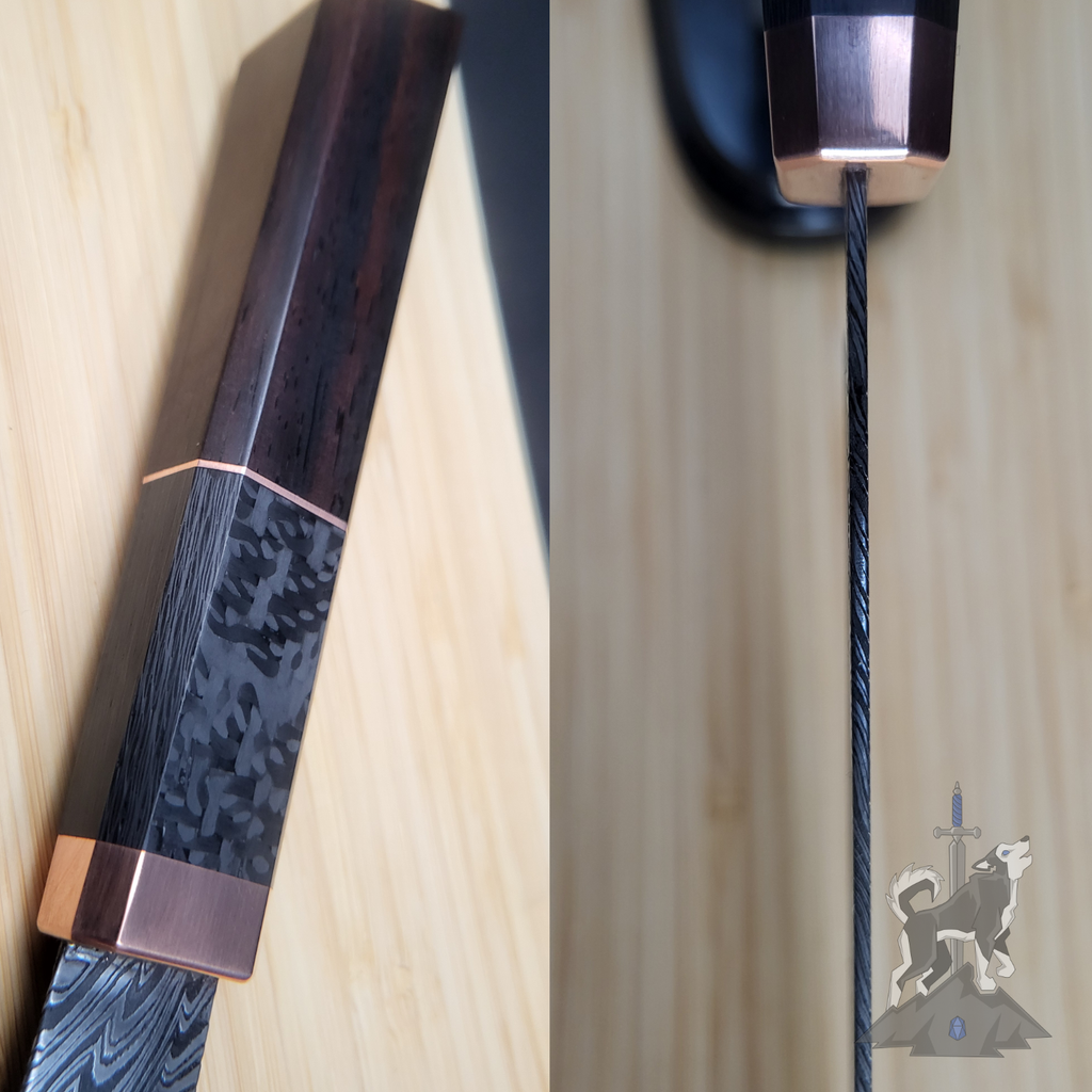 Detailed shots of a Damascus chef knife featuring the seated tang and the handle with carbon fibre and rose gold on a wooden cutting board.