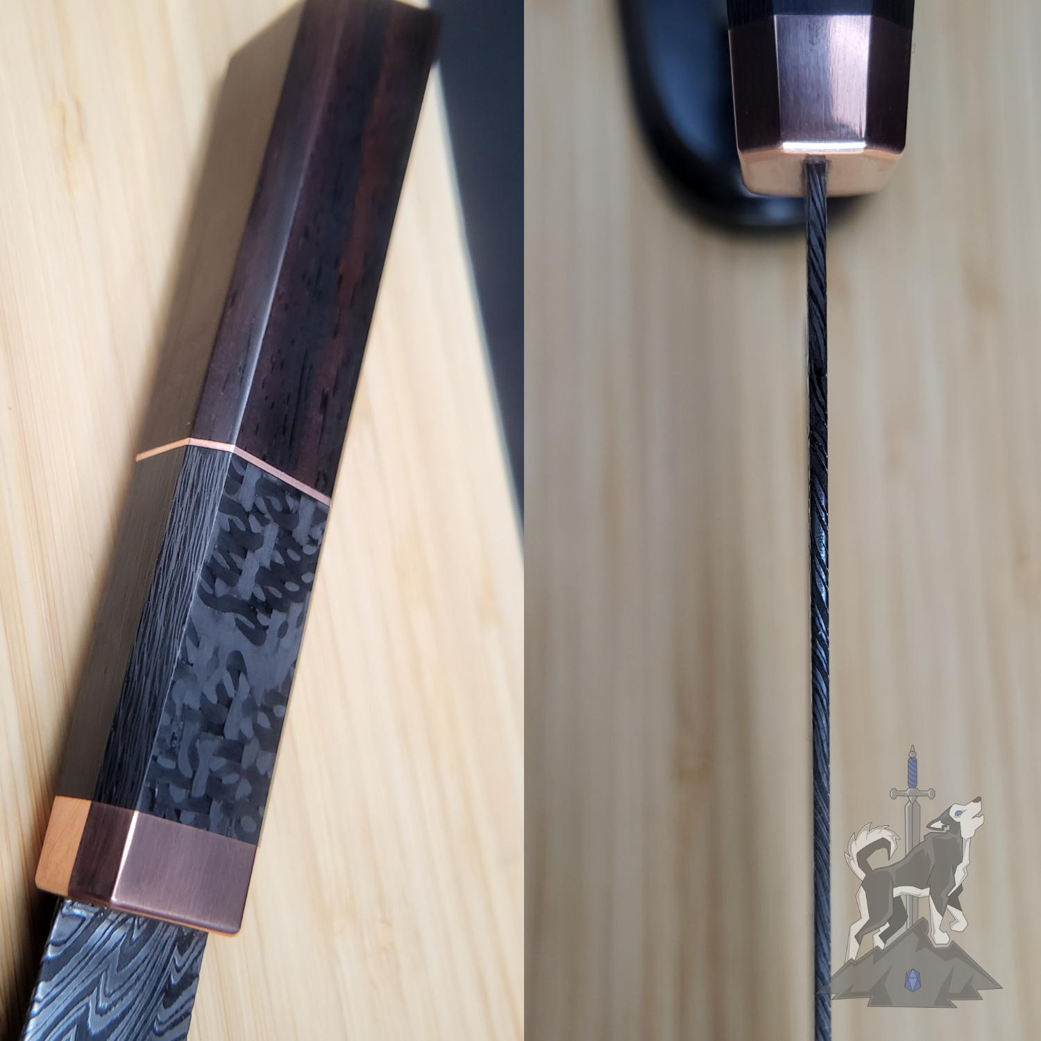 Detailed shots of a Damascus chef knife featuring the seated tang and the handle with carbon fibre and rose gold on a wooden cutting board.