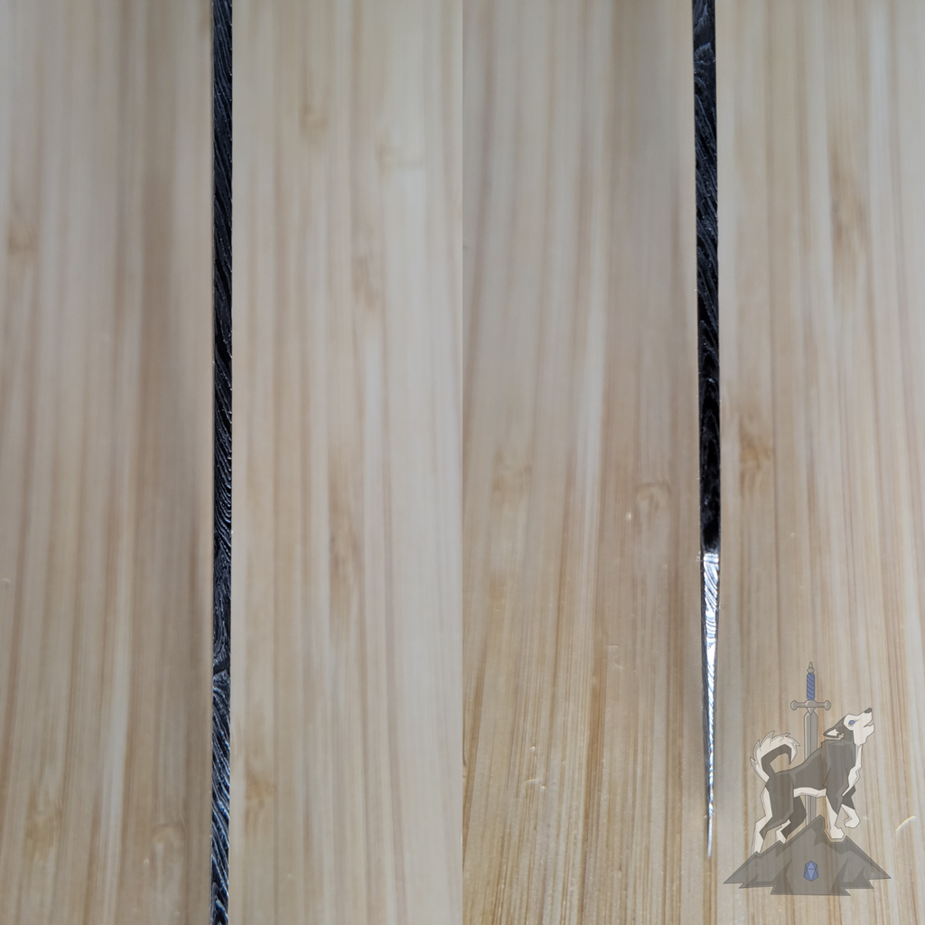 Detailed shots of a the top of the blade of Damascus chef knife focused on the pattern, on a wooden cutting board.