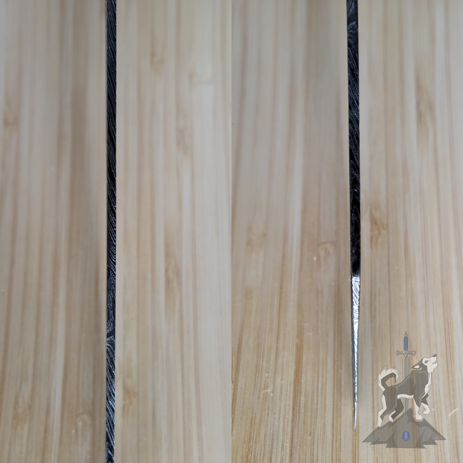 Detailed shots of a the top of the blade of Damascus chef knife focused on the pattern, on a wooden cutting board.