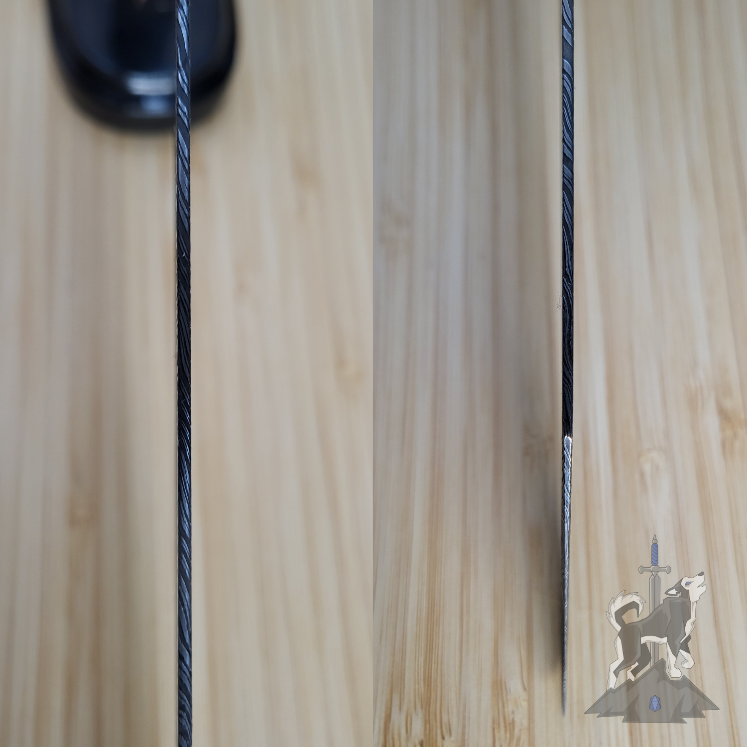 Detailed shots of a the top of the blade of Damascus chef knife focused on the pattern, on a wooden cutting board.