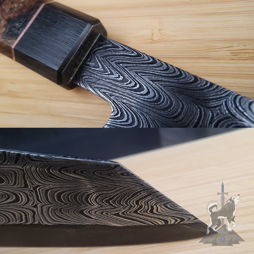 Detailed shots of a Damascus chef knife featuring the tip and the handle connection on a wooden cutting board.