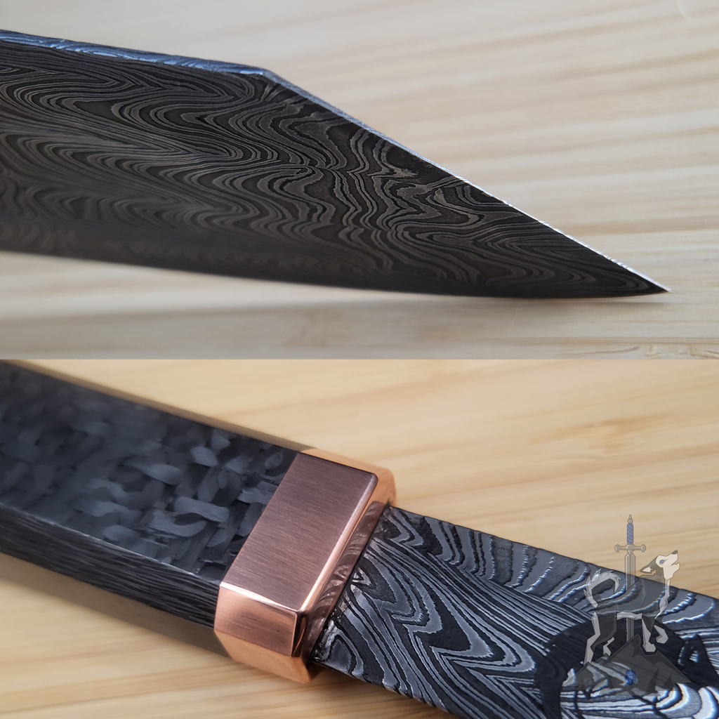 Detailed shots of a Damascus chef knife featuring the tip and the handle with carbon fibre and rose gold on a wooden cutting board.
