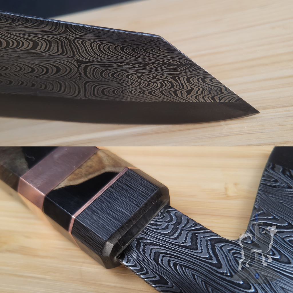 Detailed shots of a Damascus chef knife featuring the tip and the handle connection on a wooden cutting board.