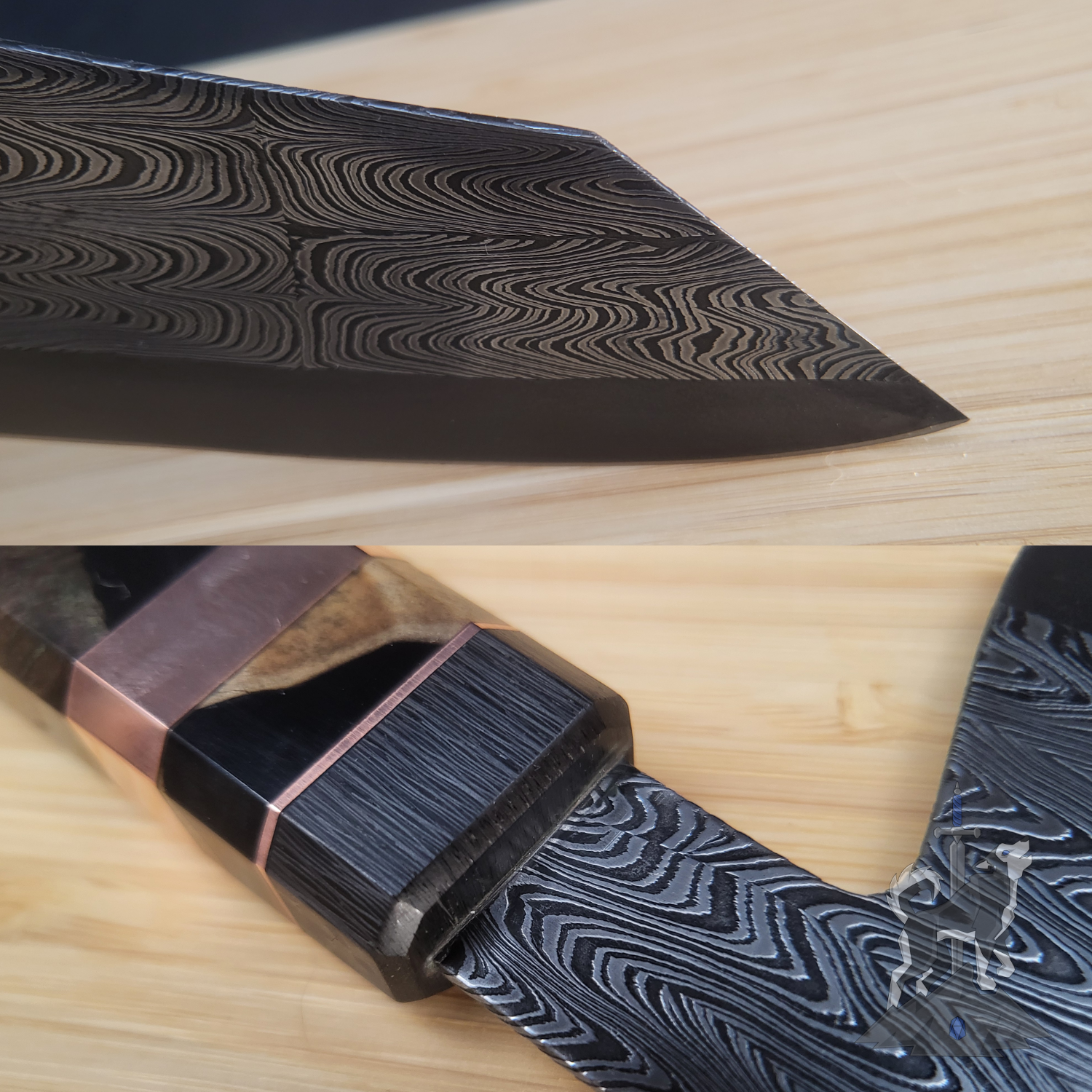 Detailed shots of a Damascus chef knife featuring the tip and the handle connection on a wooden cutting board.